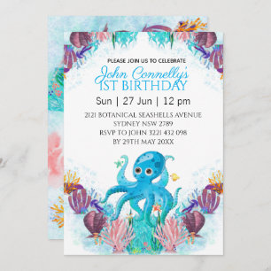 Invitation Océan Mer Coloré Garçon Octopus Anniversaire
