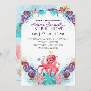 Invitation Océan Mer Coloré Poctopus rose Anniversaire