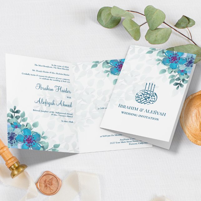 Invitation Océan moderne Bleu Floral Mariage musulman islamiq (Créateur téléchargé)