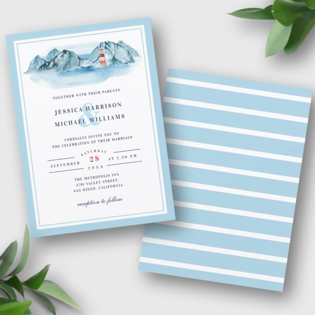 Invitation Ocean Mountain Lighthouse Blue Watercolor Mariage (Créateur téléchargé)