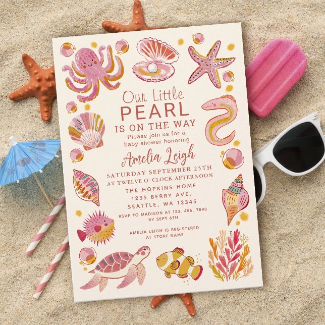 Invitation Océan Pearl Sea Créatures Baby shower fille rose (Créateur téléchargé)
