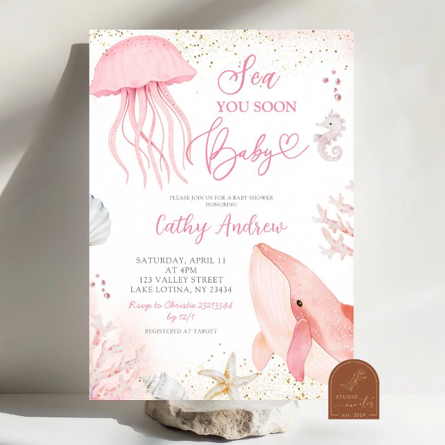 Invitation Océan Rose Vous Verra Bientôt Fille Baby Shower (Créateur téléchargé)