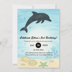 Invitation  Océan Scène Anniversaire Dauphin Sombre Coquillag