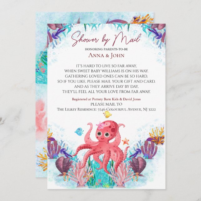 Invitation Ocean Sea Baby shower Coloré Octopu Par Courrier (Devant / Derrière)