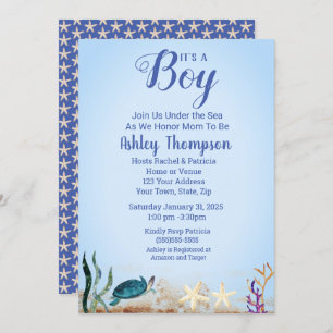 Invitation Ocean Sea Turtle Blue Boys Starfish Baby shower
