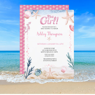 Invitation Ocean Sea Turtle Rose Girls Starfish Baby shower