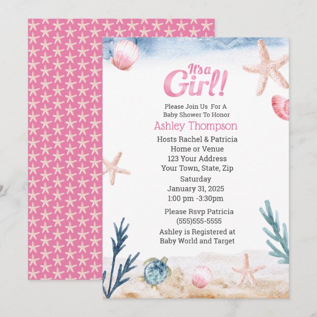 Invitation Ocean Sea Turtle Rose Girls Starfish Baby shower (Devant / Derrière)