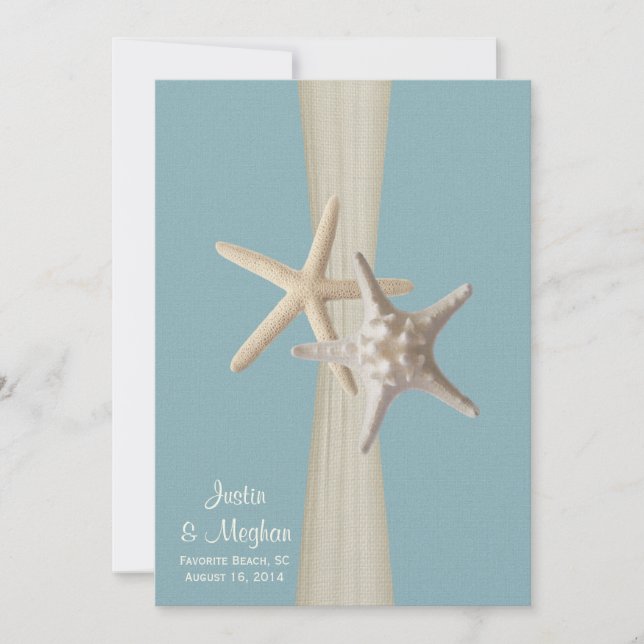 Invitation Ocean Sky Blue Burlap et Starfish Beach Wedding (Devant)