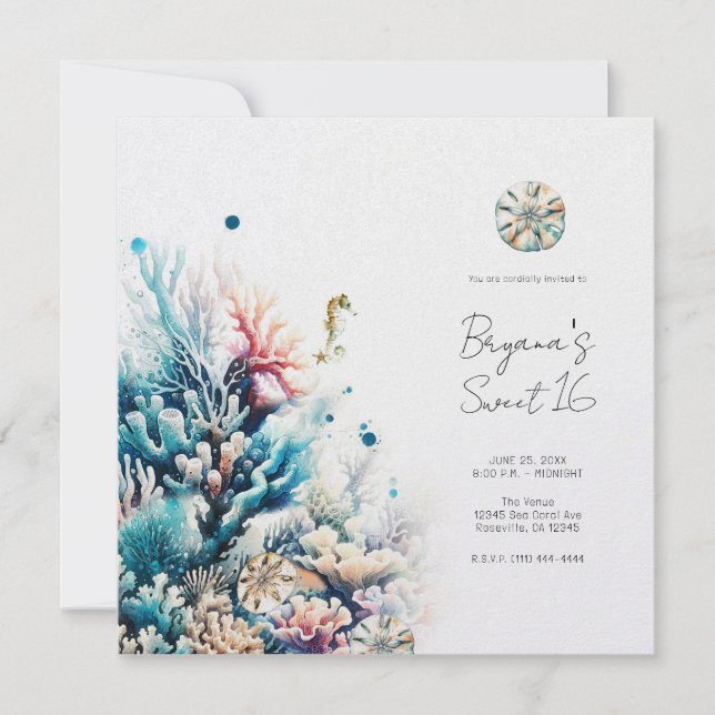 Invitation Ocean Splash Mer Corail Aquarelle Douce 16 (Devant)