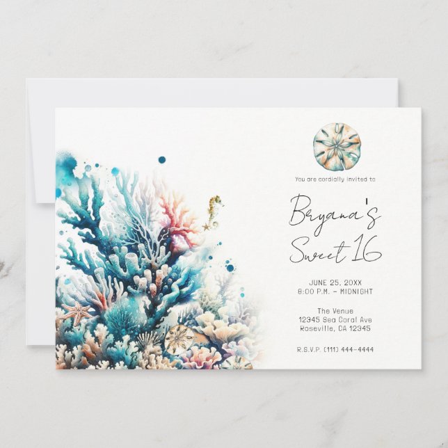 Invitation Ocean Splash Mer Corail Aquarelle Douce 16 (Devant)