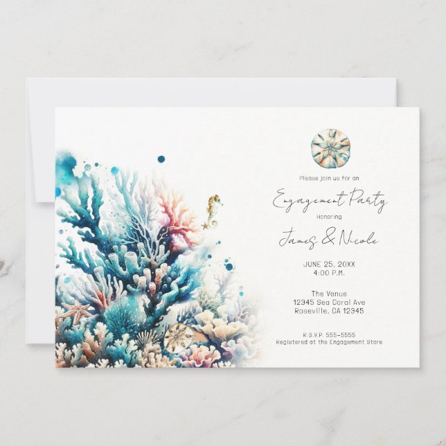 Invitation Océan Splash Mer Corail Aquarelle Fête de Fiançail (Devant)