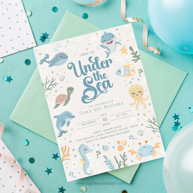 Invitation Océan Thématique 6ème anniversaire Invitation. Enf (Ocean Themed 6th Birthday Invitation. Kids Ocean Party Invite. Editable Template. Boys Under The Sea)