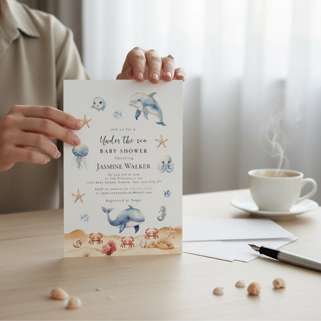 Invitation Ocean Theme Watercolor Dolphin Baby Shower (Créateur téléchargé)