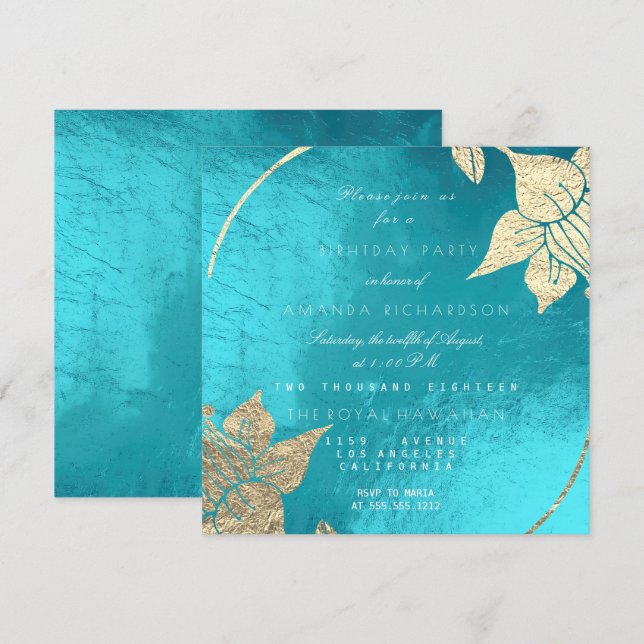 Invitation Ocean Turquoise Champaig Floral Anniversaire (Devant / Derrière)