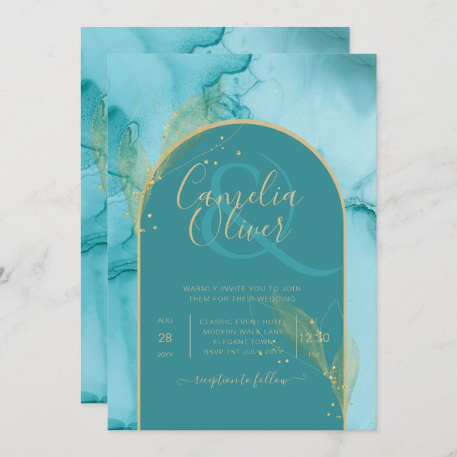 Invitation Ocean Turquoise Turquoise Gold Mariage (Devant / Derrière)