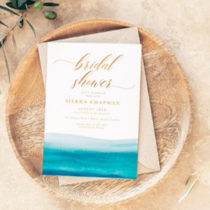 Invitation Ocean Watercolor Gold Script Beach Fête des mariée