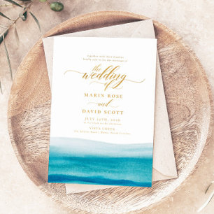 Invitation Ocean Watercolor Gold Script Plage Mariage