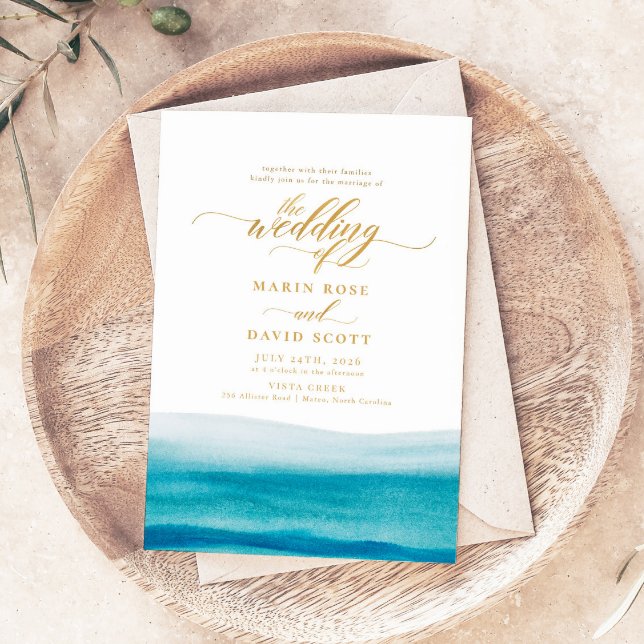 Invitation Ocean Watercolor Gold Script Plage Mariage (Créateur téléchargé)