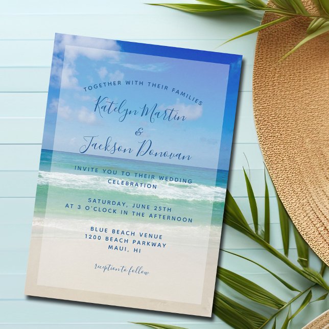 Invitation Ocean Waves Photo Chic Tropical Beach Mariage bleu (Créateur téléchargé)