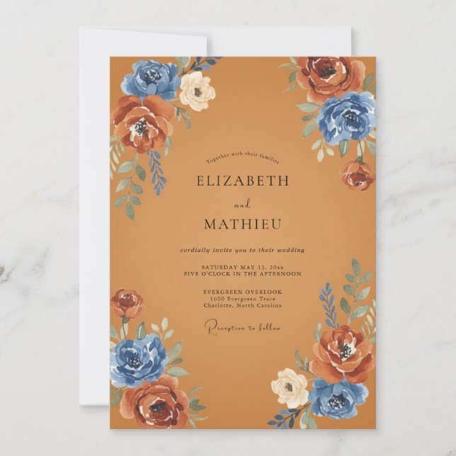 Invitation Ochre Ranunculus Cornflower Eucalyptus doux Weddin (Devant)