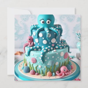 INVITATION OCTOPUS BLEU BLANC THÈME GÂTEAU D'ANNIVERSAIRE