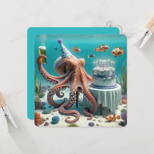 Invitation Octopus d'anniversaire avec une bière (Devant/Arrière en situation)