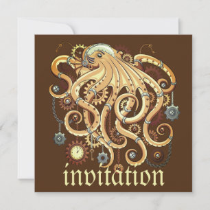 Invitation Octopus Steampunk Surreal Retro Style Machine