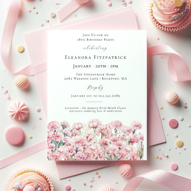 Invitation Œillet rose pour 18 ans Fleur de naissance de janv (Créateur téléchargé)