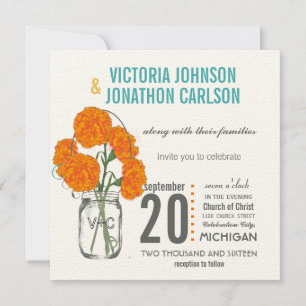 Invitation Oeillets rustiques Mason Jar Mint, Jaunes et Corau