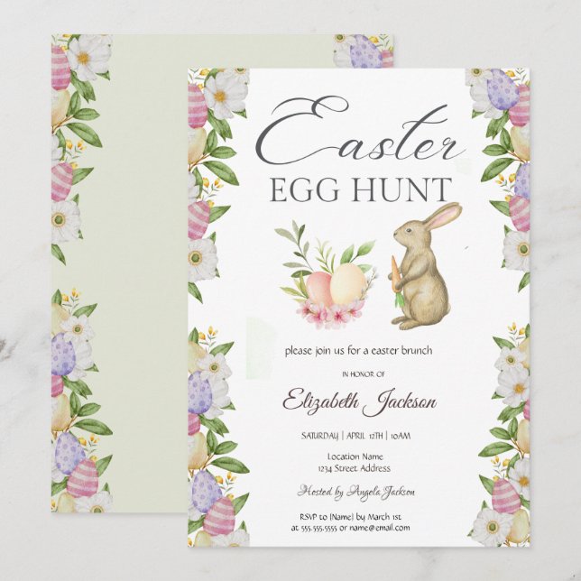 Invitation Œufs de Pâques à l'aquarelle Lapin Fleurs Brunch & (Devant / Derrière)
