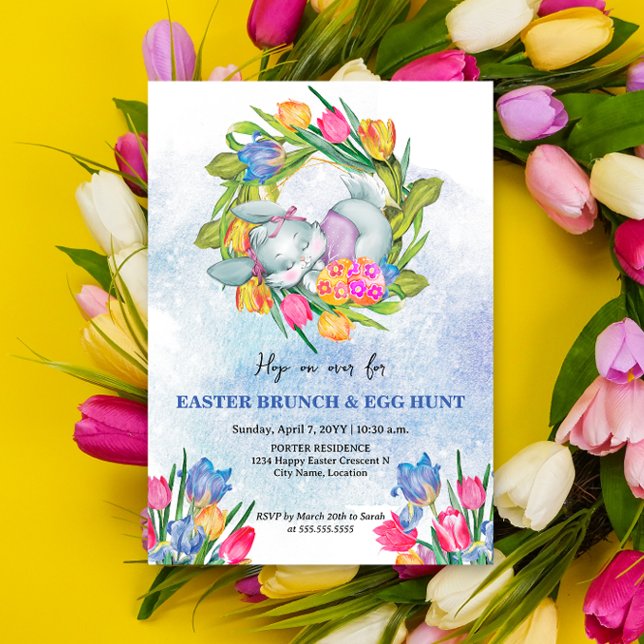 Invitation Oeufs de Pâques et tulipes de lapin (Easter brunch and egg hunt invitation top view design.)