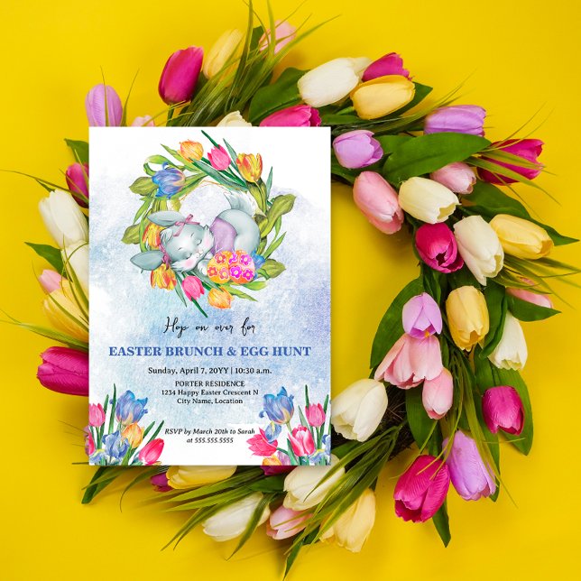 Invitation Oeufs de Pâques et tulipes de lapin (Easter brunch and egg hunt invitation top view design.)