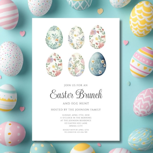 Invitation Œufs Floraux Élégants Bruncht Pâques  (Elegant Floral Eggs Easter Brunch Invitation)
