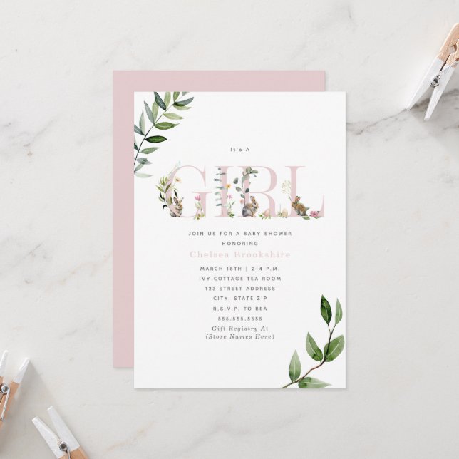 Invitation Oeufs lapin de Pâques Baby shower floral fille lap (Devant/Arrière en situation)