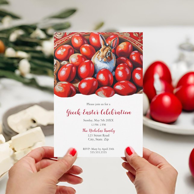 Invitation Œufs Rouges de Tradition Avec Lapin  (Greek Easter invitation featuring red eggs and a cheerful bunny.)