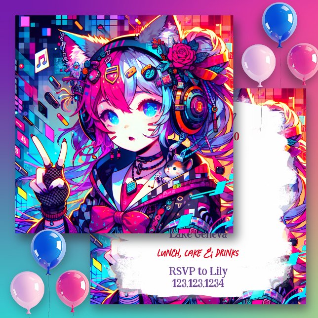 Invitation Oeuvre d'Anime colorée Glitchcore Anniversaire (Créateur téléchargé)