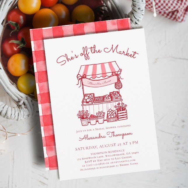 Invitation Off the Market Farmers Red Modern Bridal Shower (shes off the market bridal shower invitation red farmer stand hand drawn rustic chic outdoors picnic)