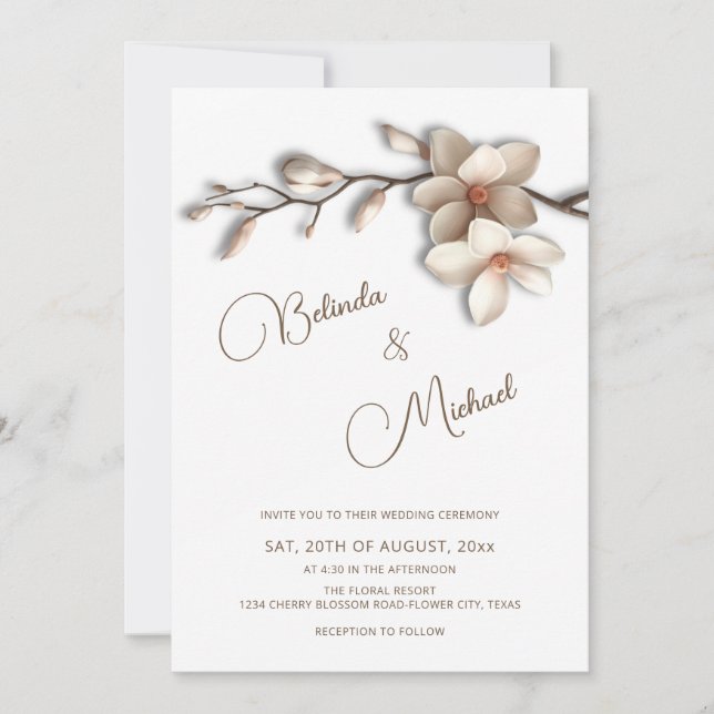 Invitation Off White Magnolia Raised Effect  Flower Wedding (Devant)
