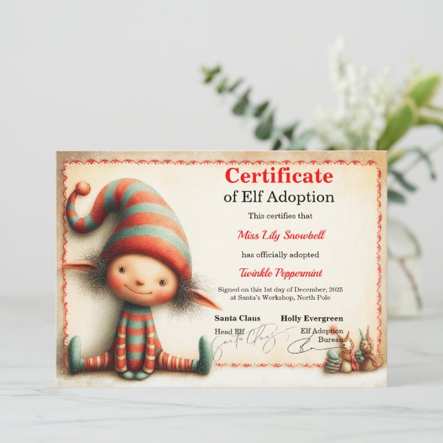Invitation Official North Pole Elf Adoption Certificate  (Debout devant)