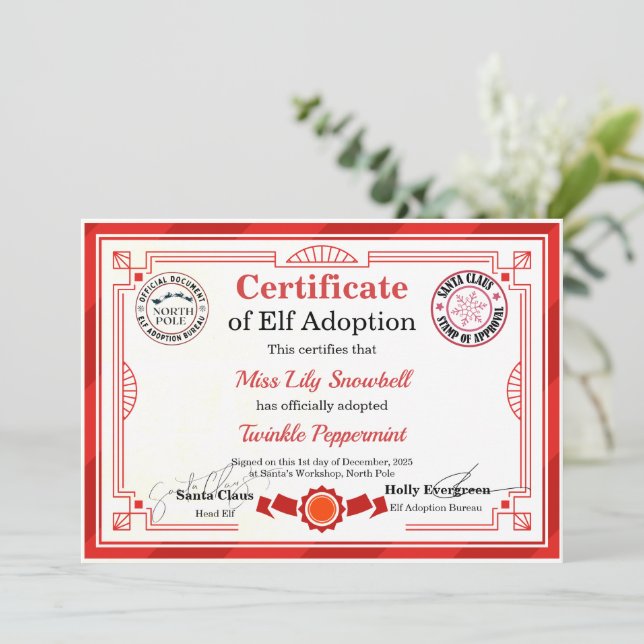 Invitation Official North Pole Elf Adoption Certificate  (Debout devant)