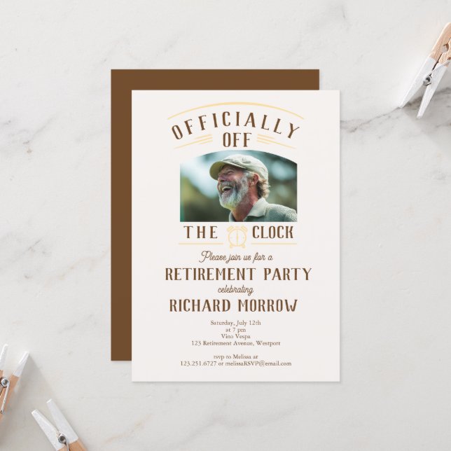Invitation “Officially Off the Clock” Photo Retirement Party (Devant/Arrière en situation)