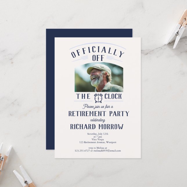 Invitation “Officially Off the Clock” Photo Retirement Party (Devant/Arrière en situation)
