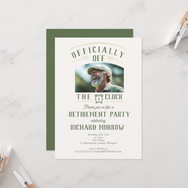 Invitation “Officially Off the Clock” Photo Retirement Party (Devant/Arrière en situation)