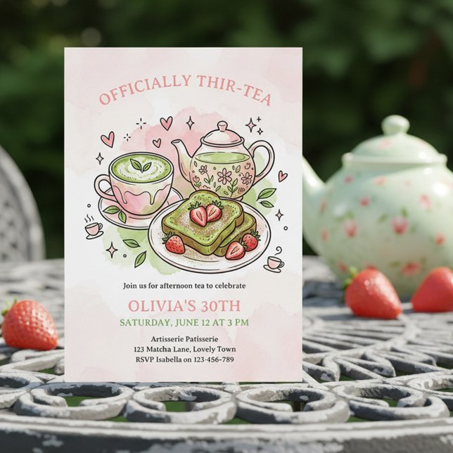 Invitation Officially Thir-Tea Matcha Tea Party 30th Birthday (Match Tea Party Invitation - "Officially Thir-tea" 30th birthday (can edit to Twen-Tea, For-Tea etc))