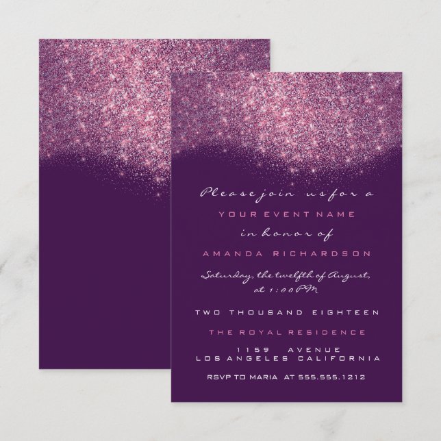 Invitation officielle Rose rose Paillettes Violet  (Devant / Derrière)