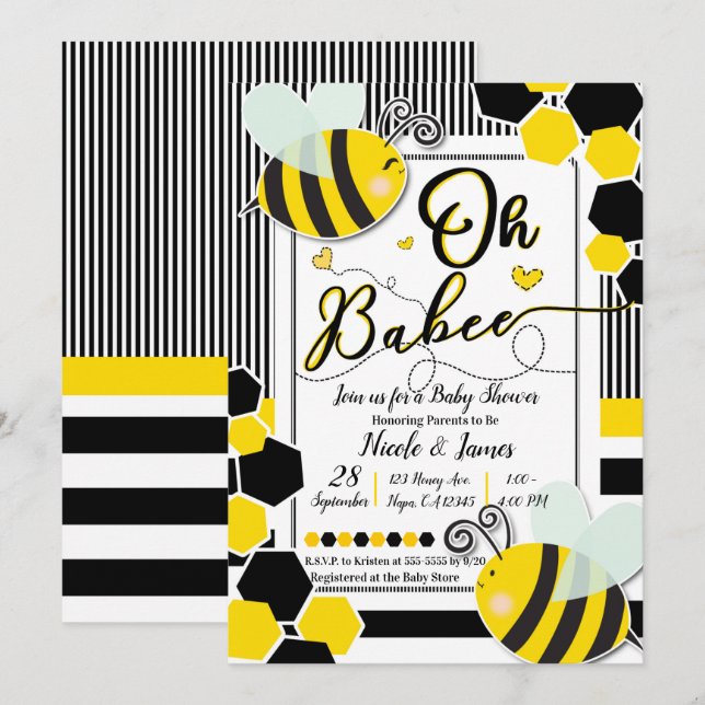 Invitation Oh BaBEE Bee Baby Shower Bébé Blanc (Devant / Derrière)