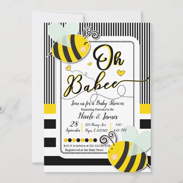Invitation Oh BaBEE Bee Moderne Chic Rayé Baby Shower (Devant)