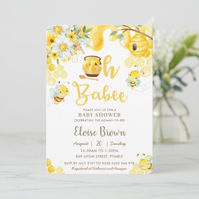 Invitation Oh Babee Bees Jaune Sexe Baby shower neutre (Debout devant)