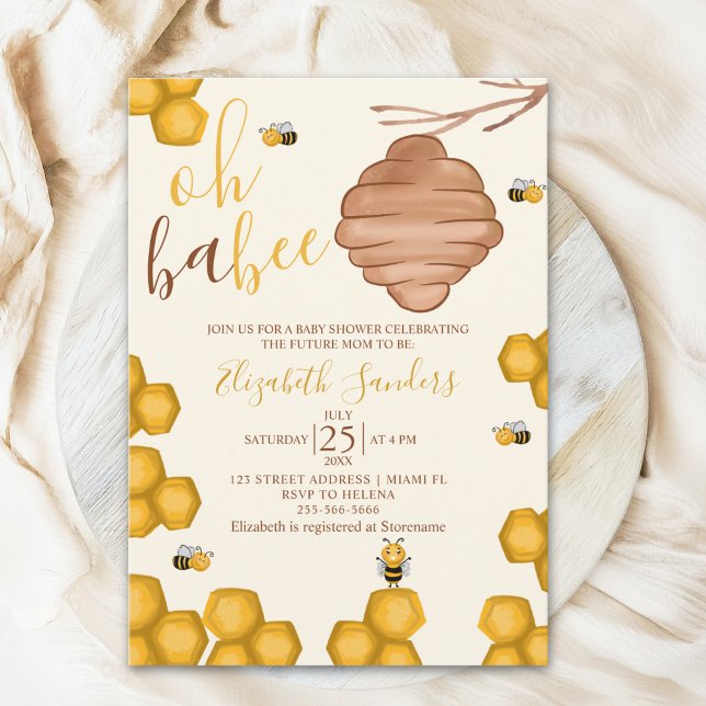 Invitation Oh Babee Cute Watercolor Bee Baby shower (Créateur téléchargé)