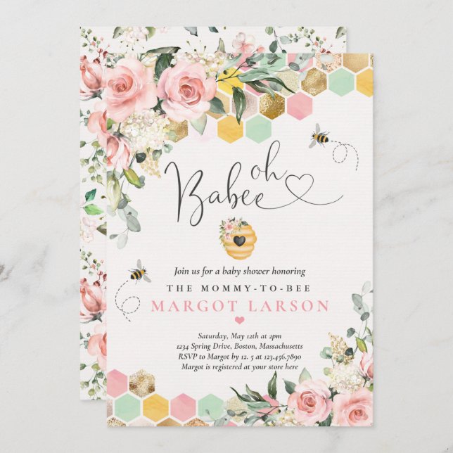 Invitation Oh Babee Greenery Baby shower d'abeilles rose et o (Devant / Derrière)